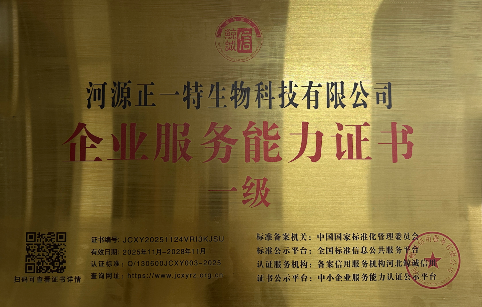 一级企业服务能力证书